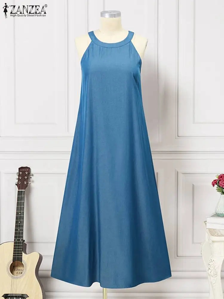 Zanzea Fashion Denim Long Dress Sexy Women Halter