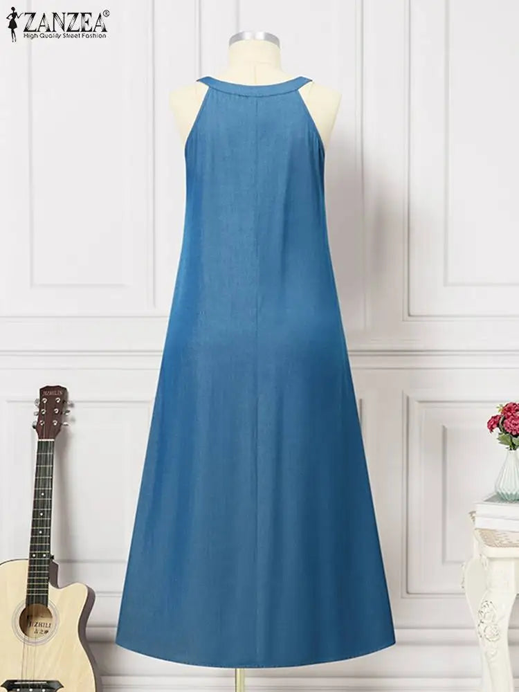 Zanzea Fashion Denim Long Dress Sexy Women Halter