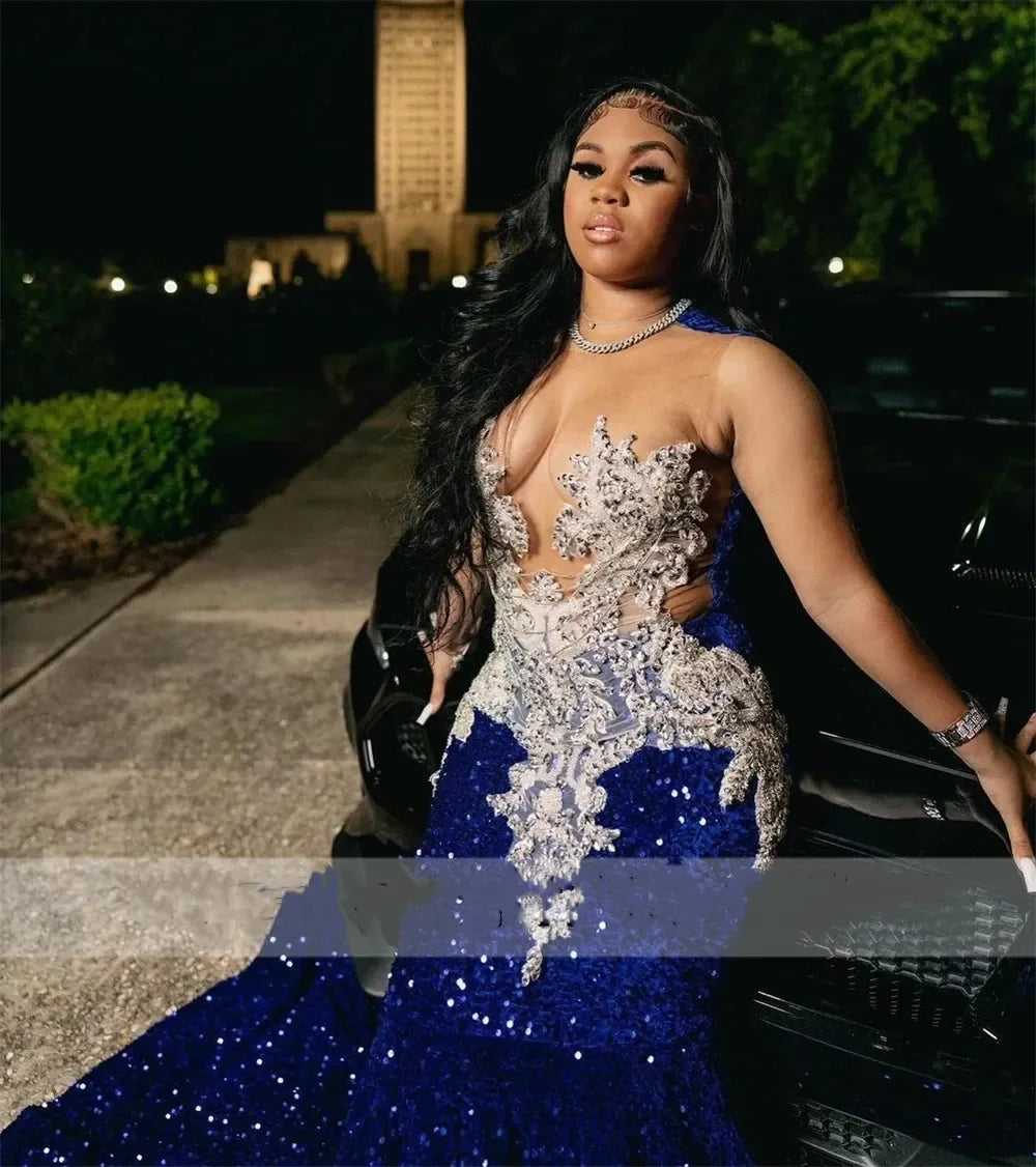 Royal Blue Sequins Beaded Appliques Prom Dresses For