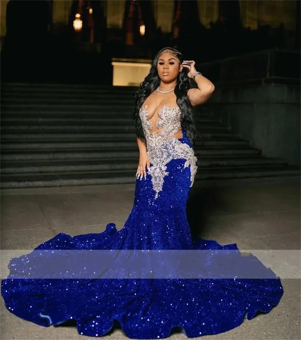 Royal Blue Sequins Beaded Appliques Prom Dresses For
