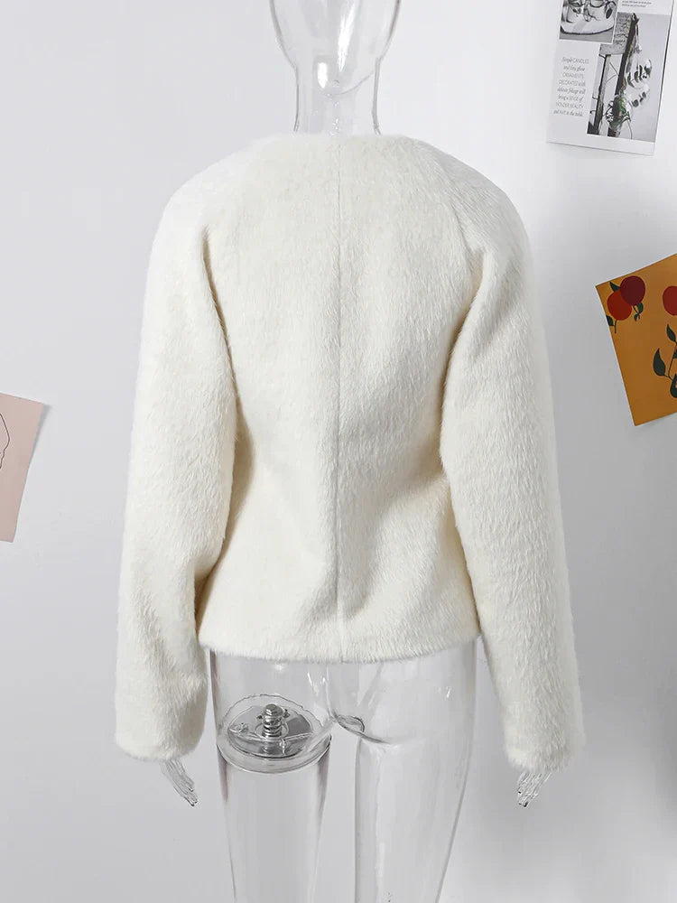 Chic Double Leather Button Women Jacket Long-Sleeved V-Neck