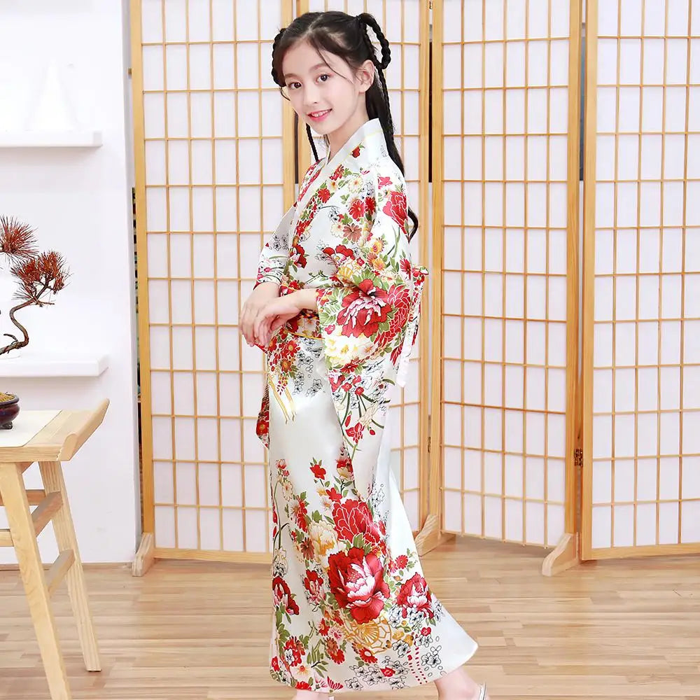 Children Girls Red Japanese Kimono Bathrobe Gown Print