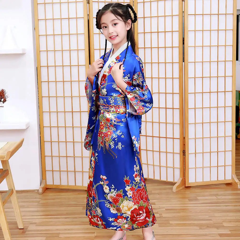 Children Girls Red Japanese Kimono Bathrobe Gown Print