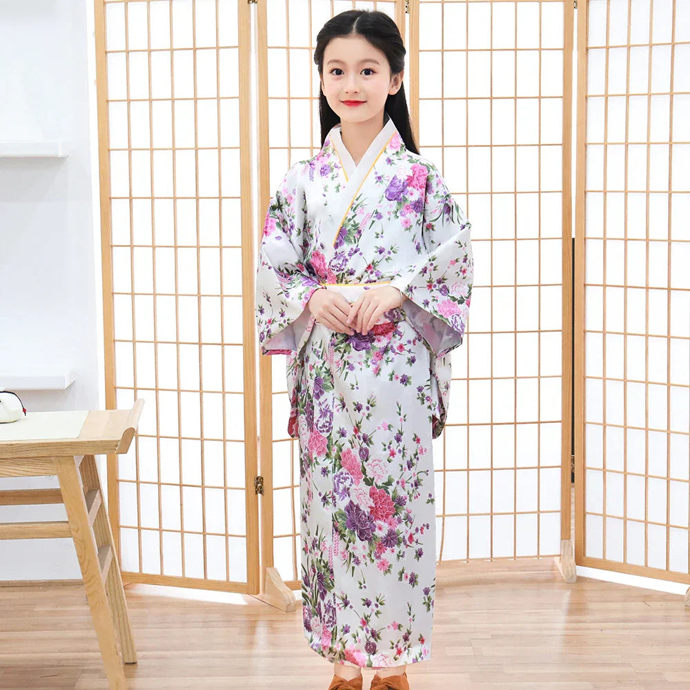 Children Girls Red Japanese Kimono Bathrobe Gown Print