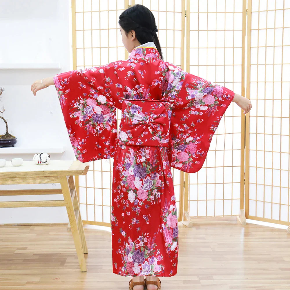 Children Girls Red Japanese Kimono Bathrobe Gown Print