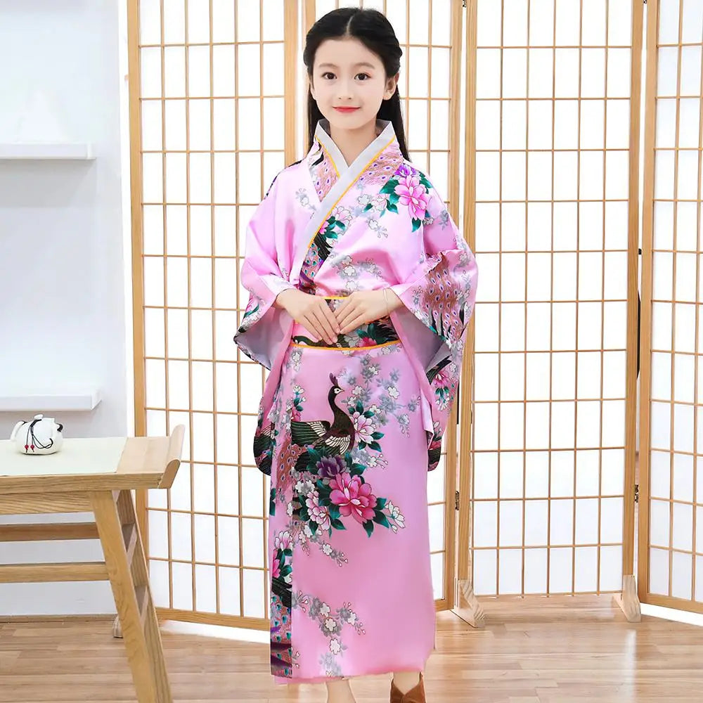 Children Girls Red Japanese Kimono Bathrobe Gown Print
