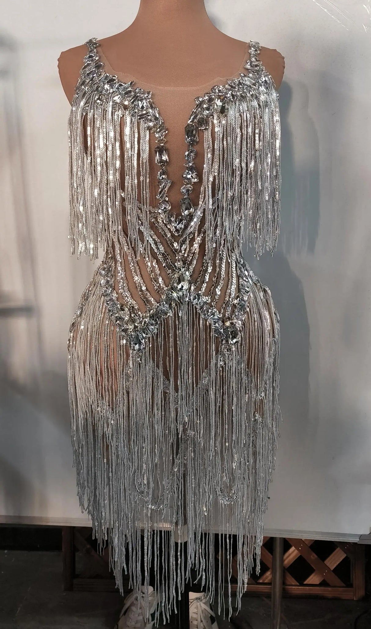 Flashing Sequins Fringes Rhinestones Transparent Dresses Women Evening