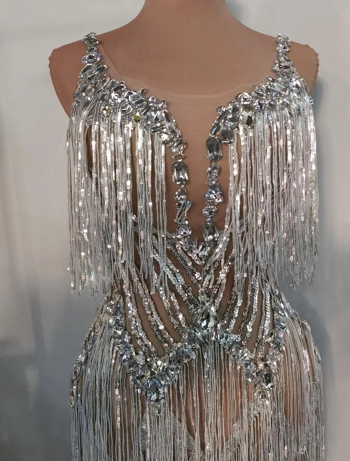 Flashing Sequins Fringes Rhinestones Transparent Dresses Women Evening