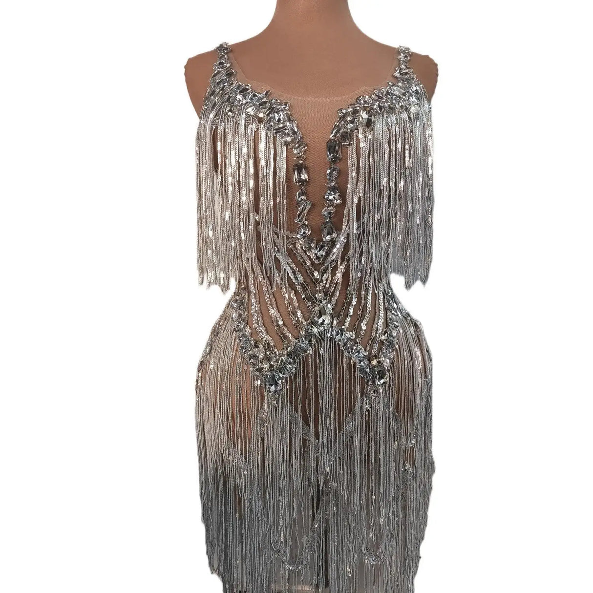 Flashing Sequins Fringes Rhinestones Transparent Dresses Women Evening