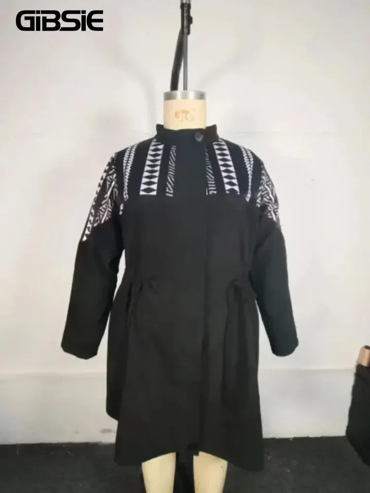 Gibsie Ethnic Print Black Mid Long Coat Women