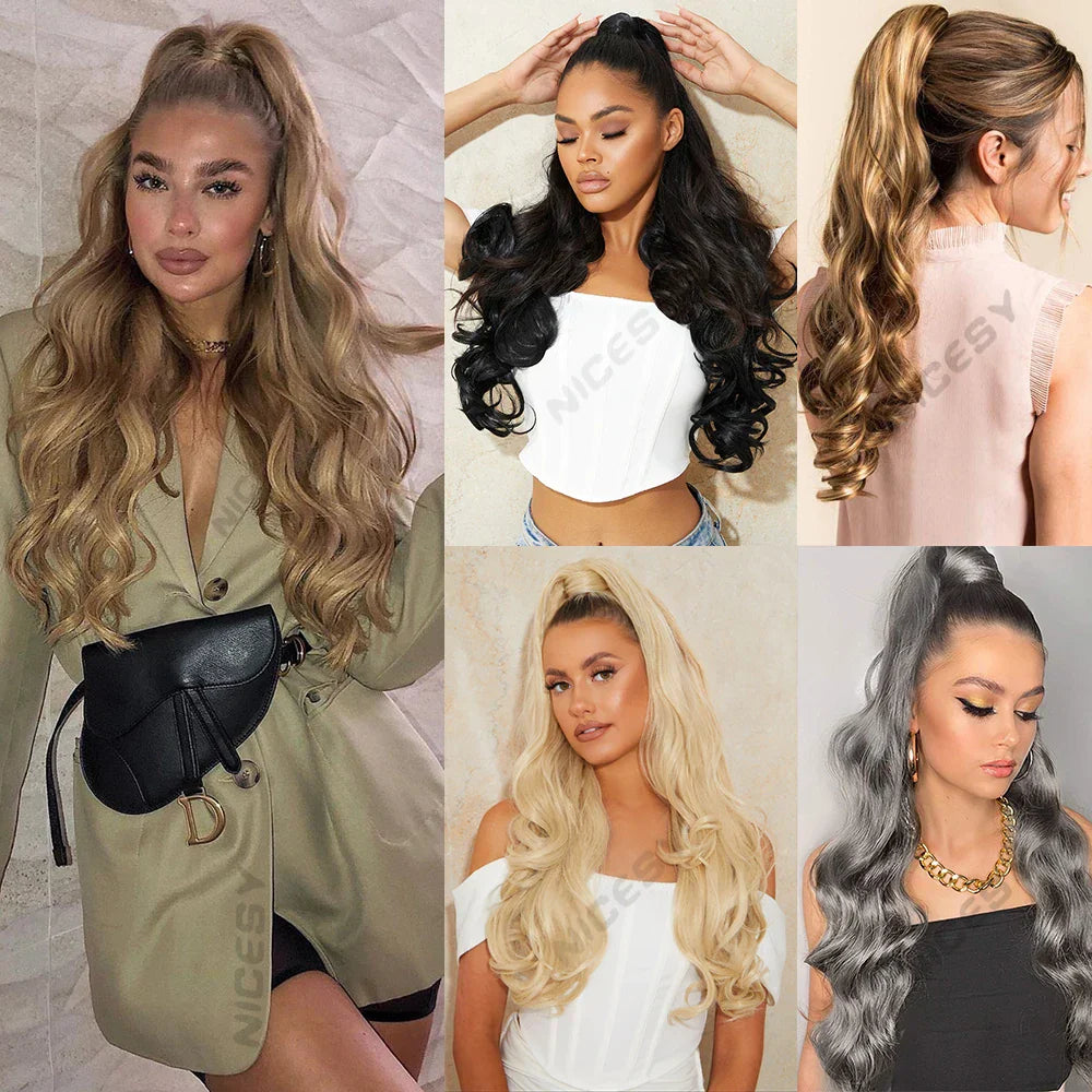 Synthetic Long Wavy Claw Clip On Ponytail Drawstring