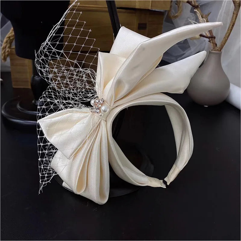 Vintage Champagne Mesh Bow Headband Bridal Headdress Wedding