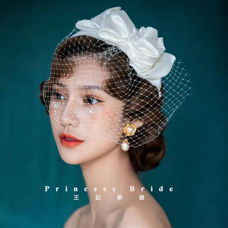 Vintage Champagne Mesh Bow Headband Bridal Headdress Wedding
