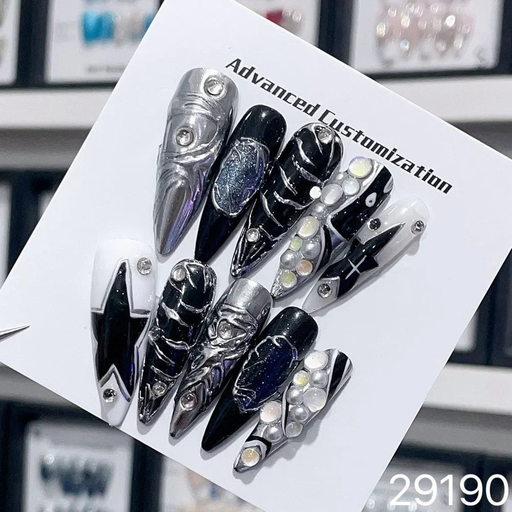 Handmade Yk Press On Nails Long Almond Punk