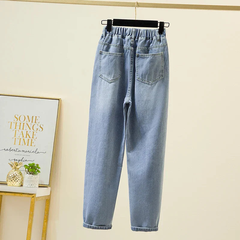 Women Jeans Elastic Waist Loose Denim Pants Ninth