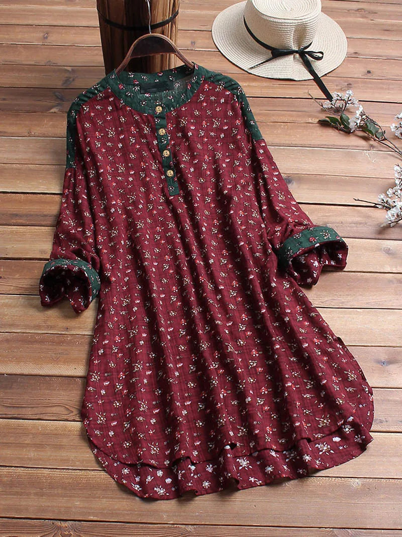 Spring Summer Cotton Linen Printed Stand Long Shirt