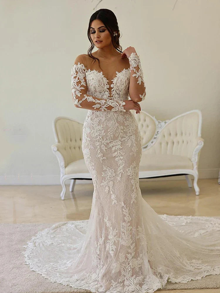 LINLING Custom Boho Lace Wedding Dress - Long Sleeve Mermaid Illusion 2023