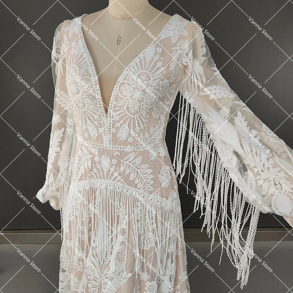 Long Puffy Sleeves Allover Lace Boho Elopement Bridal