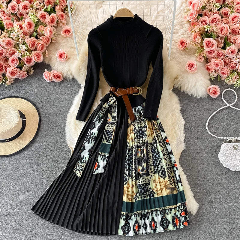 Oceanlove Print Vestidos Knitting Vintage Korean Autumn Winter