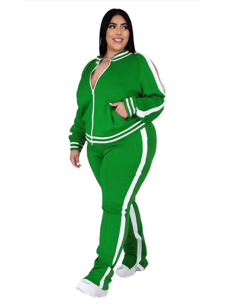 Two Piece Set Women Sweatsuit Zip Striped