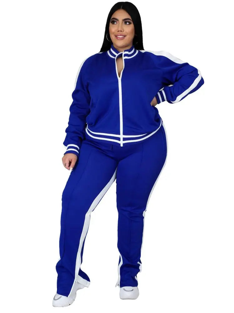 Two Piece Set Women Sweatsuit Zip Striped