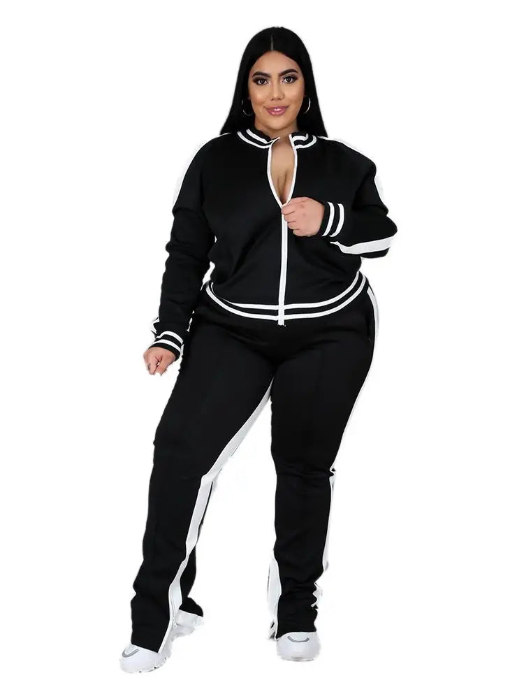 Two Piece Set Women Sweatsuit Zip Striped
