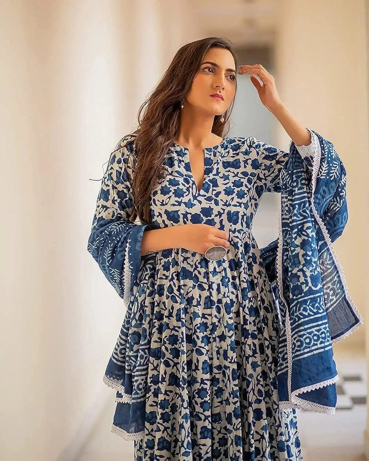 Women Cotton Printed Anarkali Kurta With Palazzo Dupatta