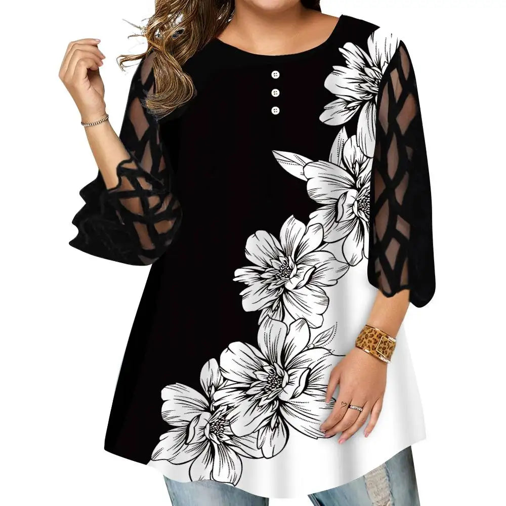 Plus Size Floral Mesh Tunic Top for Women