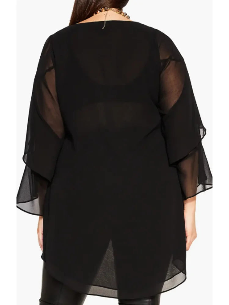 New Female Casual Black Layered Ruffle Sleeve Top