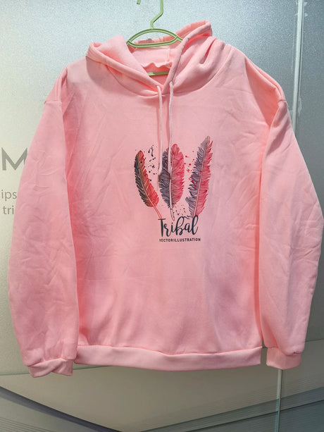 Women Fashion Feather Printed Hoodies Autumn Winter Plus