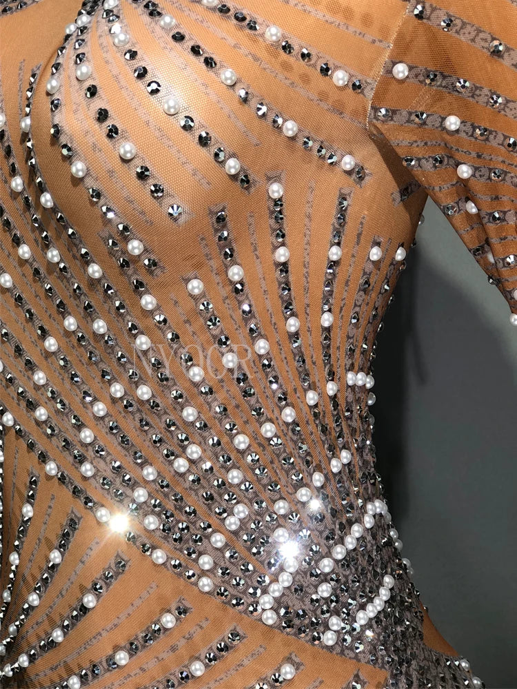 Sparkly Rhinestones Pearls White Fringe High Neck Mesh