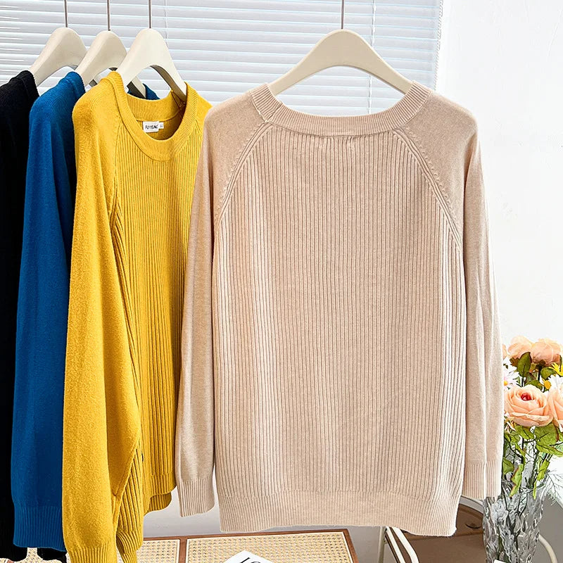 Simple Label Hem Slit Knit Sweater Womens Autumn