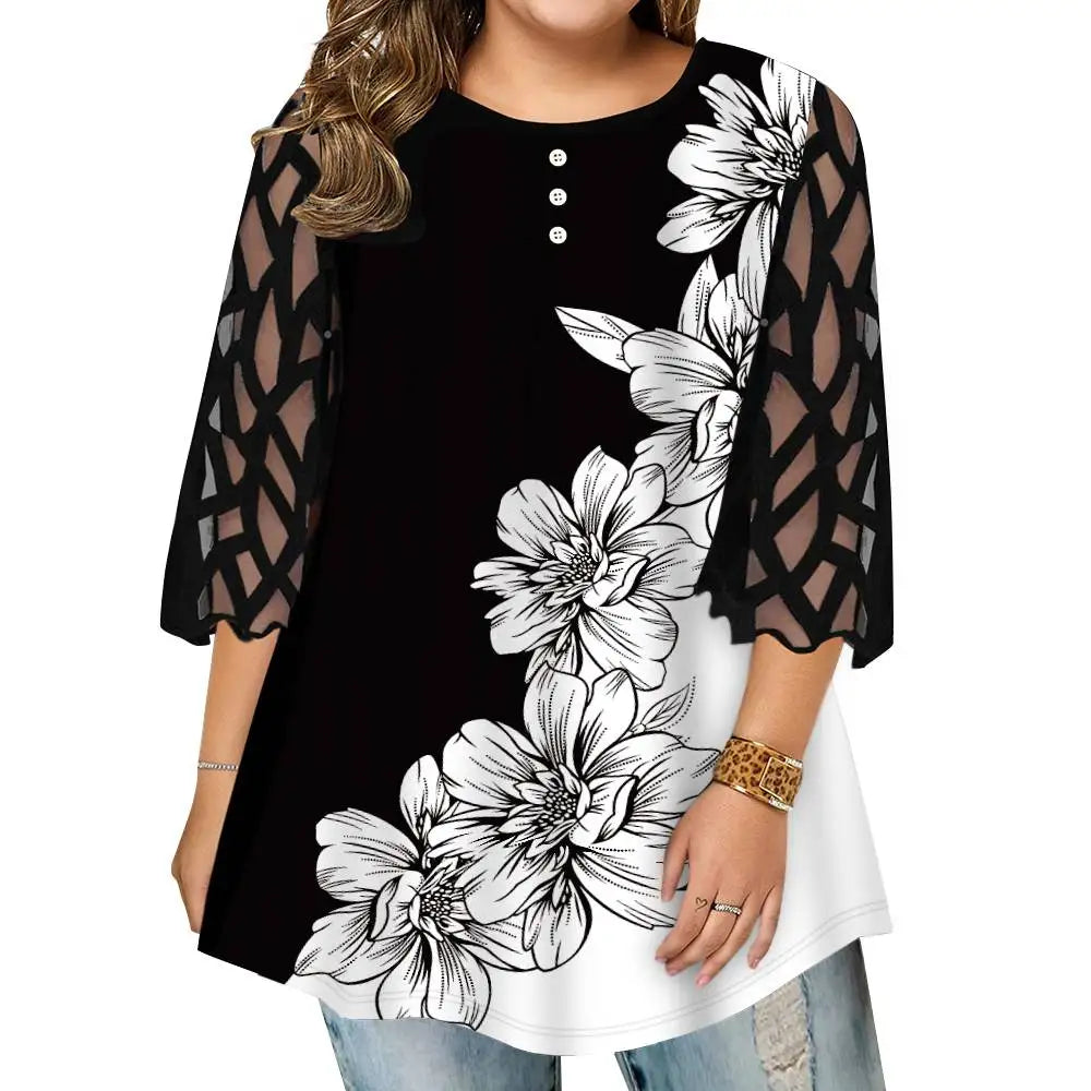 Plus Size Floral Mesh Tunic Top for Women