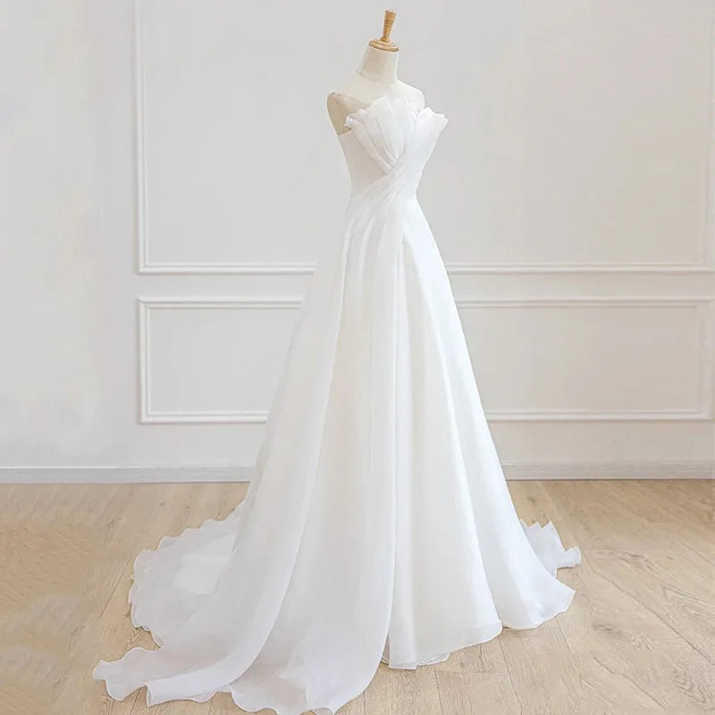 Luxury White Satin Chiffon Strapless Wedding Trailing Dresses