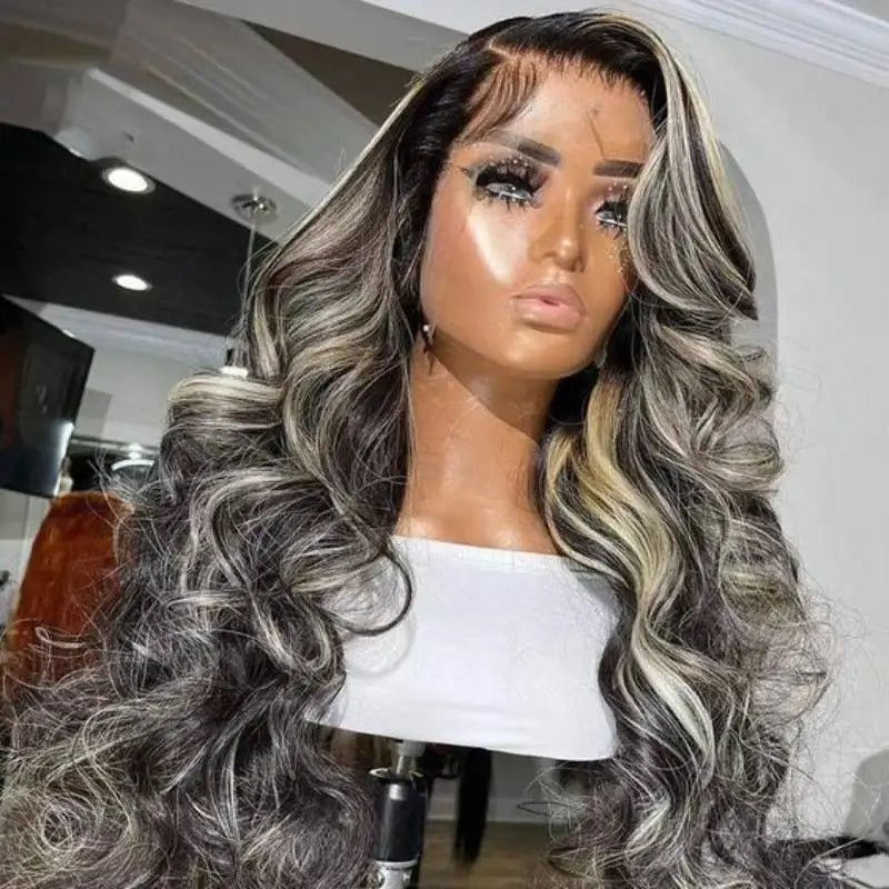 Human Hair Body Wave Highlight Wigs Black With