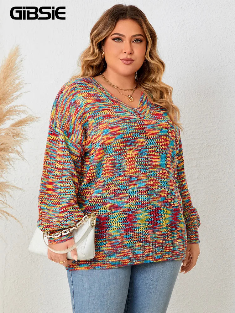 Gibsie Lantern Sleeve V Neck Rainbow Sweater Women