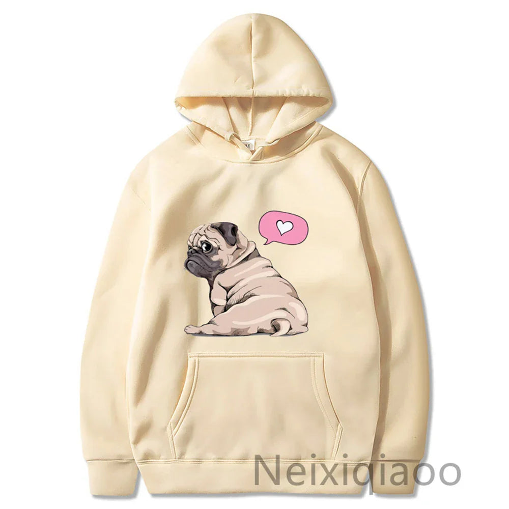 Kawaii Cartoon Pug Dog Print Hooded Sweatshirt Women