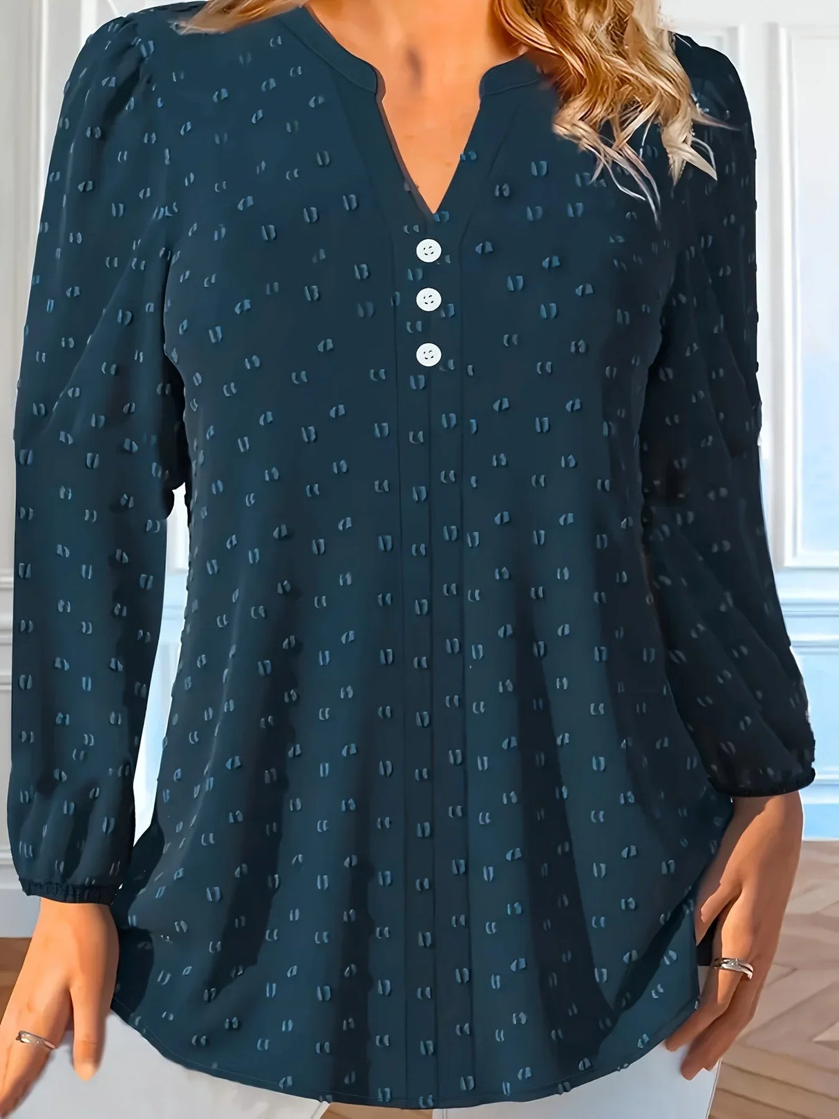 Women' Solid Swiss Dot Long Sleeve Notched Neck