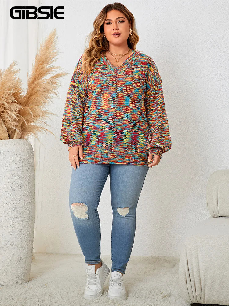 Gibsie Lantern Sleeve V Neck Rainbow Sweater Women