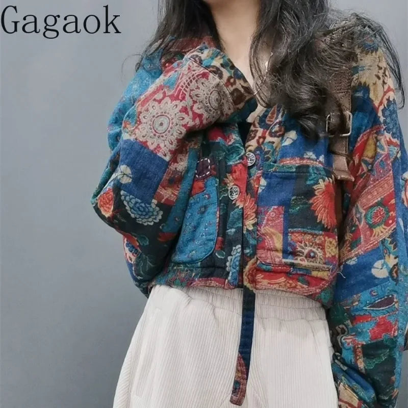 Gagaok Original Ethnic Floral Colored Parkas Autumn Winter