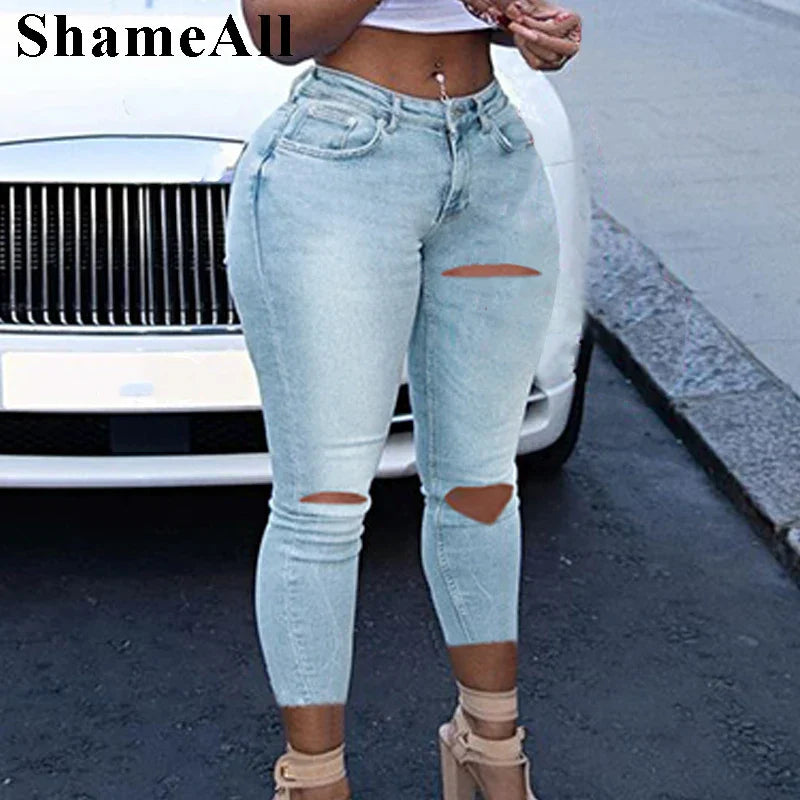 Sexy White Blue Hollow Out Denim Capris 4Xl