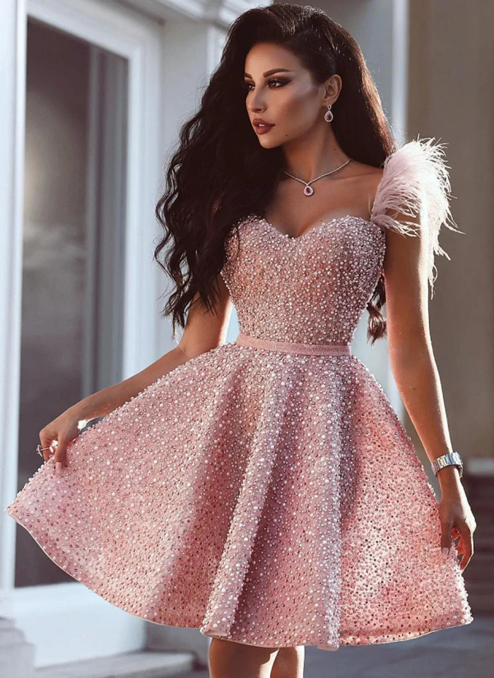 Luxury Pink Beaded Evening Dresses For Women Sweetheart