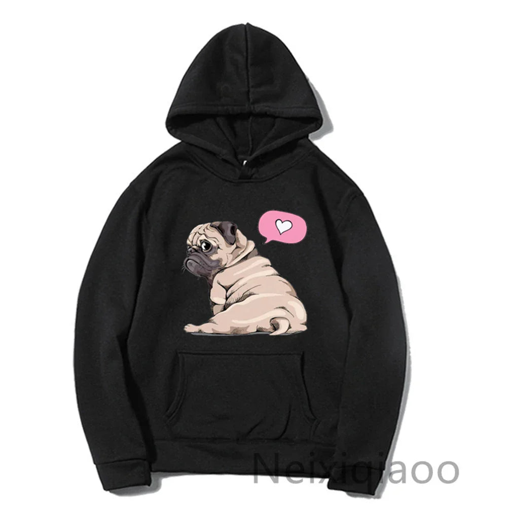 Kawaii Cartoon Pug Dog Print Hooded Sweatshirt Women