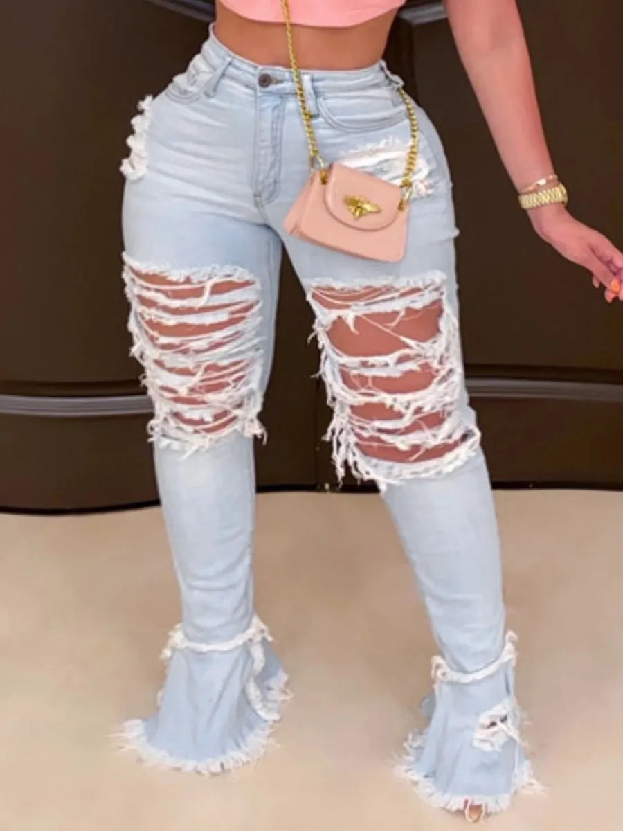 Ripped Flared High Stretchy Jeans Streetwear Straight