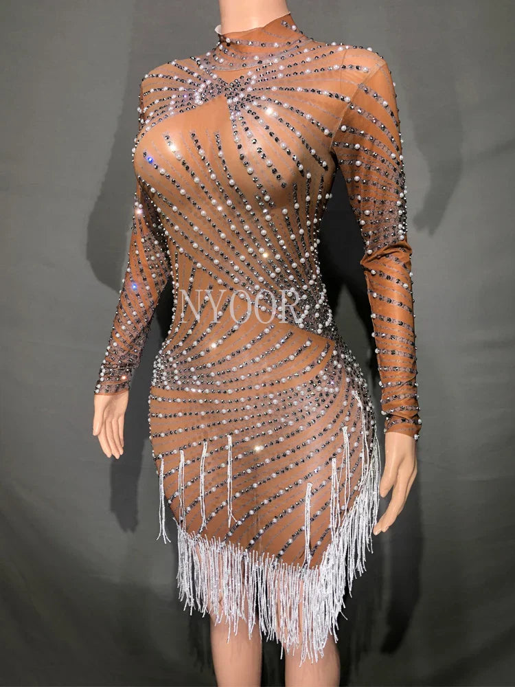 Sparkly Rhinestones Pearls White Fringe High Neck Mesh