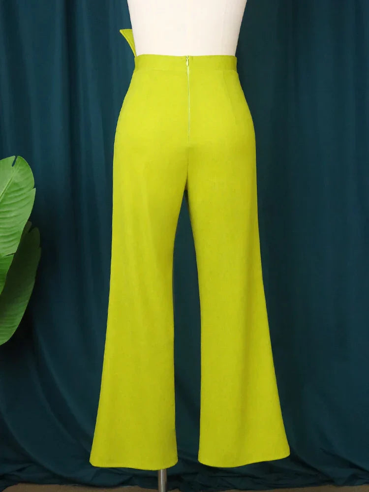 High Waist Pants 3Xl 4Xl Ruffles Green Wide