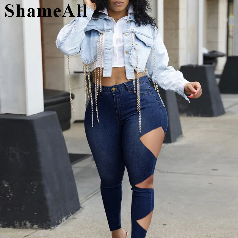Street Asymmetrical Cut Hole Stretchy Skinny Jeans 3Xl