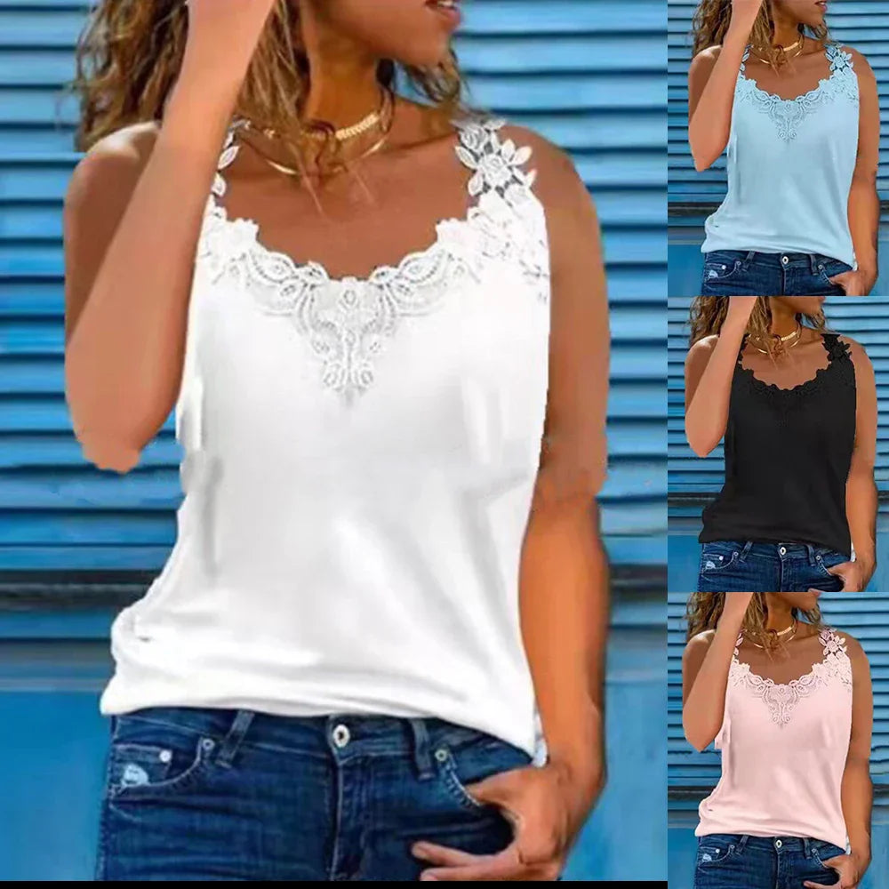 Oversized Womens Lace V Neck Tank Tops Ladies