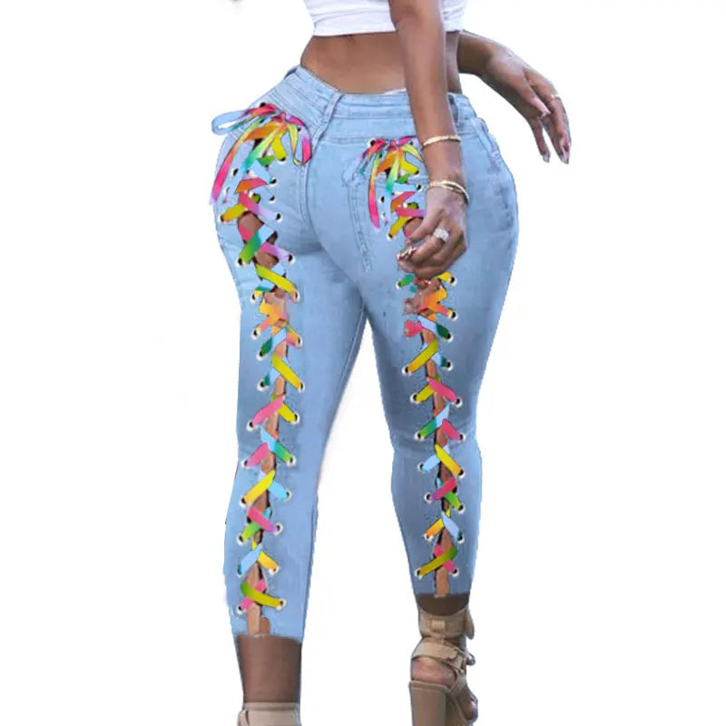 Sexy White Blue Hollow Out Denim Capris 4Xl
