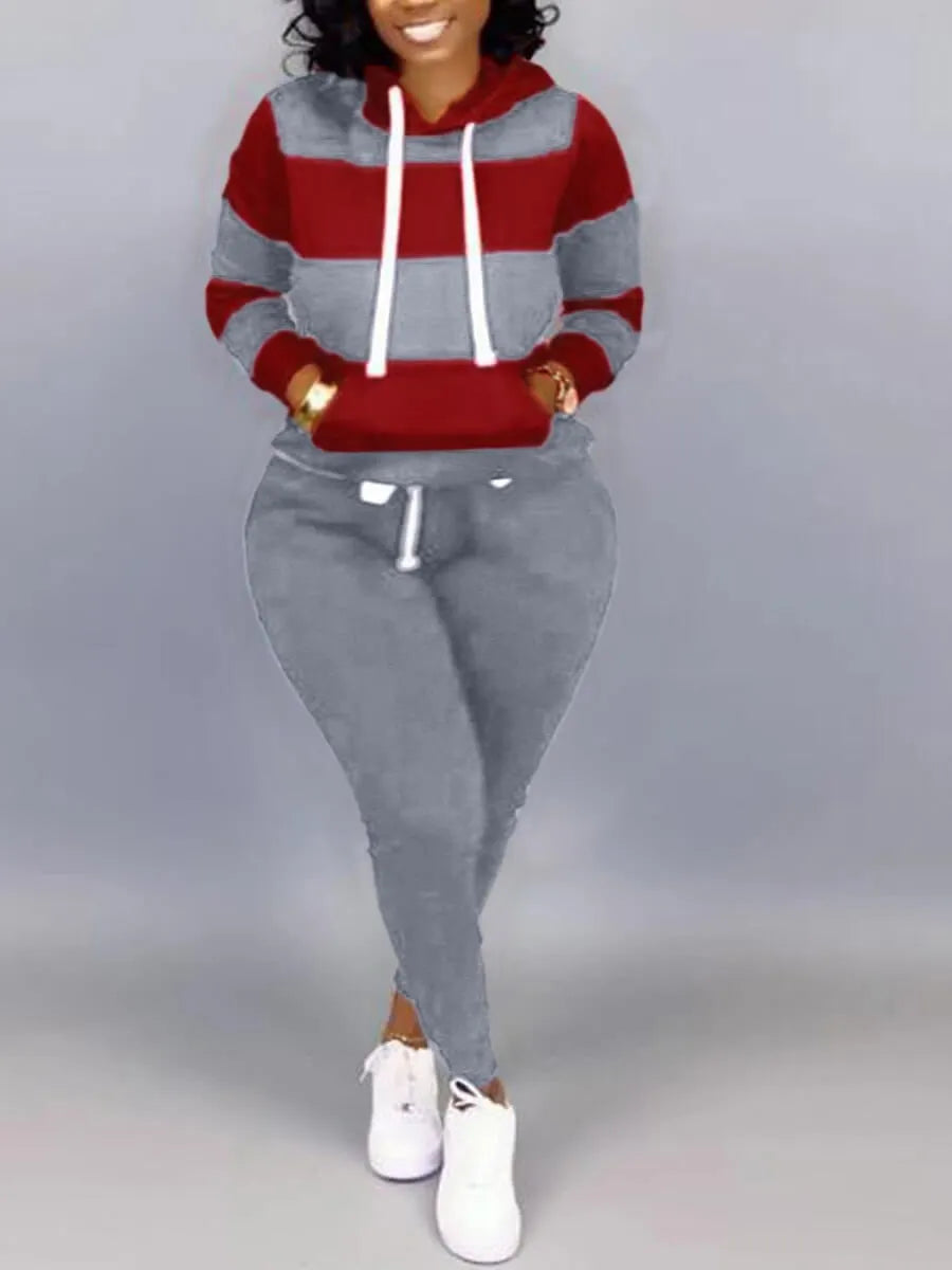Lw Striped Drawstring Tracksuit Set Autumn Women Hoodie